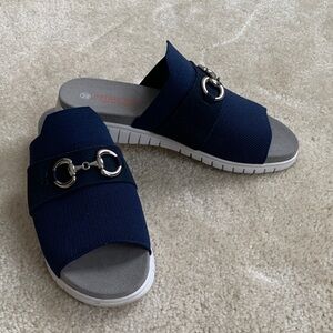bernie mev. Navy Blue Sandals with Silver Accents